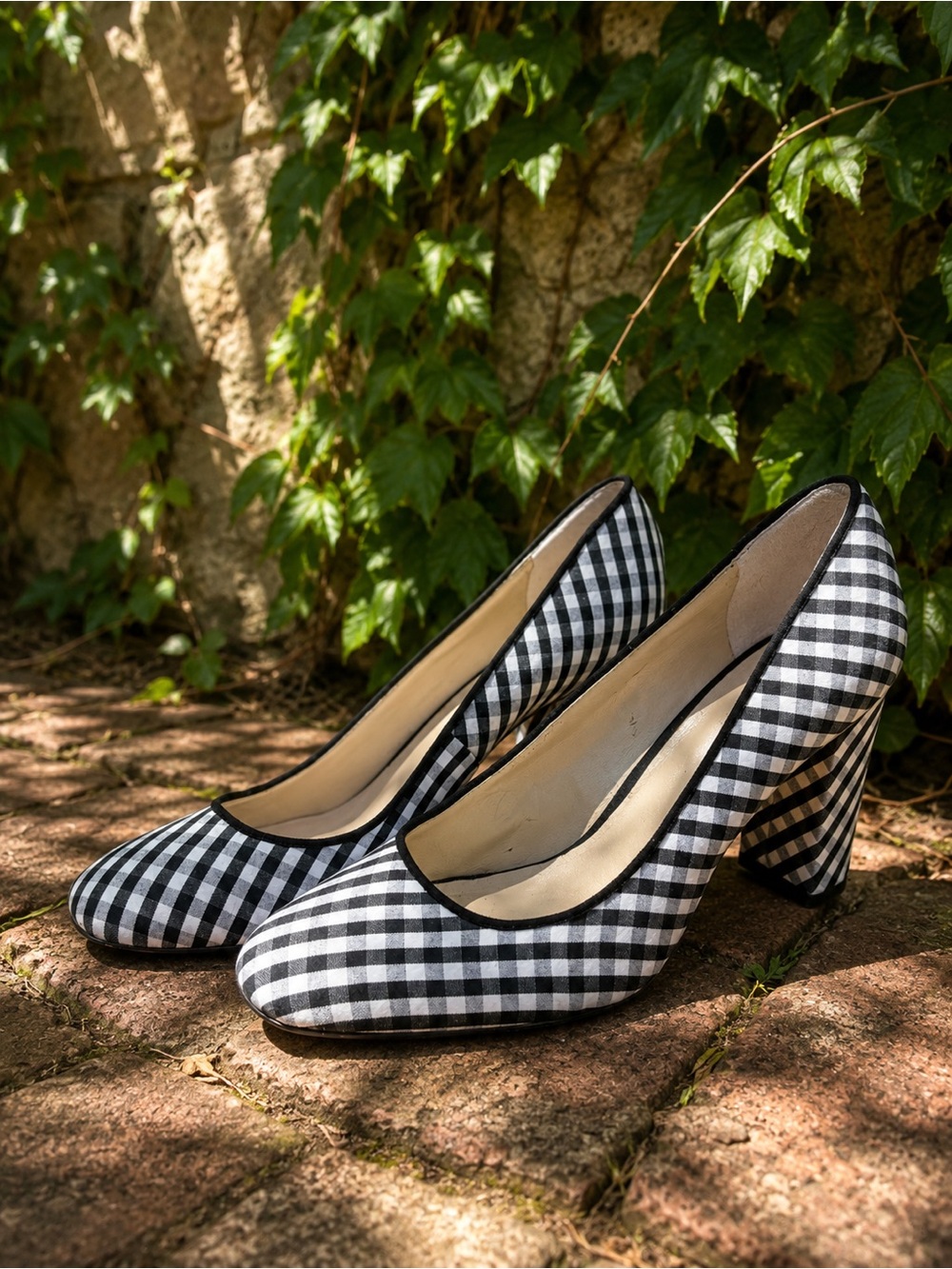 ANN TAYLOR Black and White Gingham Wrapped Heel Textile Pumps,